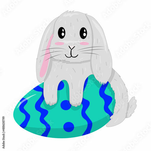 Vector hand drawn easter illustration with cute bunny, eggs on white bacground