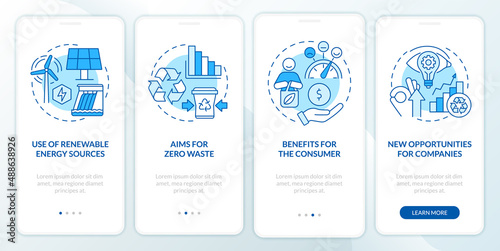 Circular economy advantages blue onboarding mobile app screen. Zero waste walkthrough 4 steps graphic instructions pages with linear concepts. UI, UX, GUI template. Myriad Pro-Bold, Regular fonts used