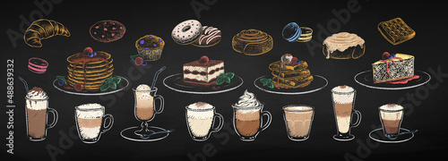 Chalk drawn illustration set of coffee cups and desserts