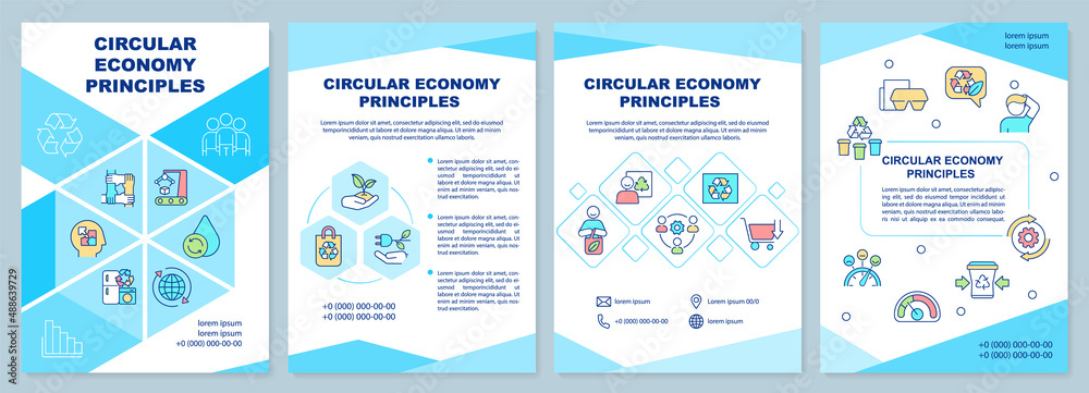 Circular economy principles turquoise brochure template. Sustainability. Leaflet design with linear icons. 4 vector layouts for presentation, annual reports. Arial-Black, Myriad Pro-Regular fonts used Circular economy principles turquoise brochure template. Sustainability. Leaflet design with linear icons. 4 vector layouts for presentation, annual reports. Arial-Black, Myriad Pro-Regular fonts used