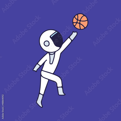 Astronaut playing basketball, illustration for t-shirt, sticker, or apparel merchandise. With retro cartoon style.
