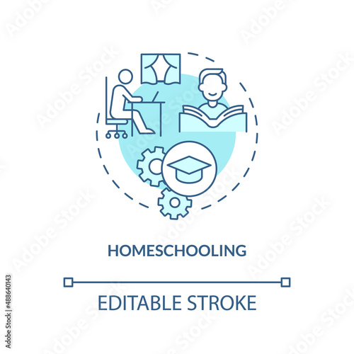 Homeschooling turquoise concept icon. Remote education. Lifelong learning contexts abstract idea thin line illustration. Isolated outline drawing. Editable stroke. Arial, Myriad Pro-Bold fonts used