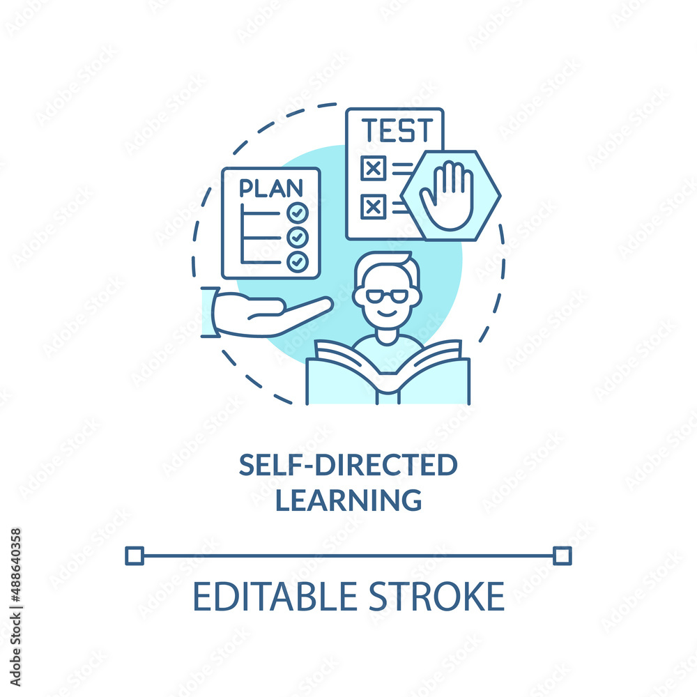 Self directed learning turquoise concept icon. Adult education theories and forms abstract idea thin line illustration. Isolated outline drawing. Editable stroke. Arial, Myriad Pro-Bold fonts used