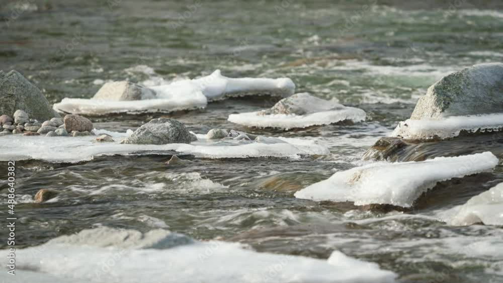 Winter river flowing near snow and ice covered stones, closeup detail Winter river flowing near snow and ice covered stones, closeup detail