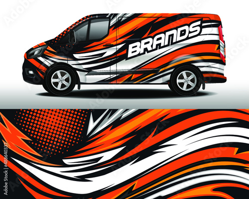 Delivery van vector design. Car sticker. Car design development for the company. Orange and white stripes on black background for car vinyl sticker

