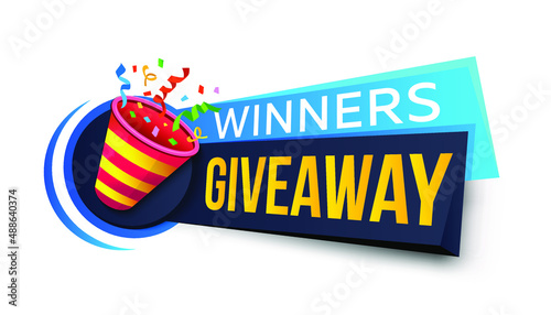 Giveaway winners poster template for social media posting. Explosive festive popper with Giveaway lettering. Popper's party with confetti. Gift concept for winners. Prize giveaways, join to win. 

