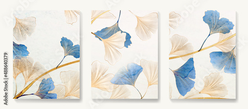 Luxury abstract background with golden and blue ginkgo leaves. Stylish botanical design with lines for the interior..