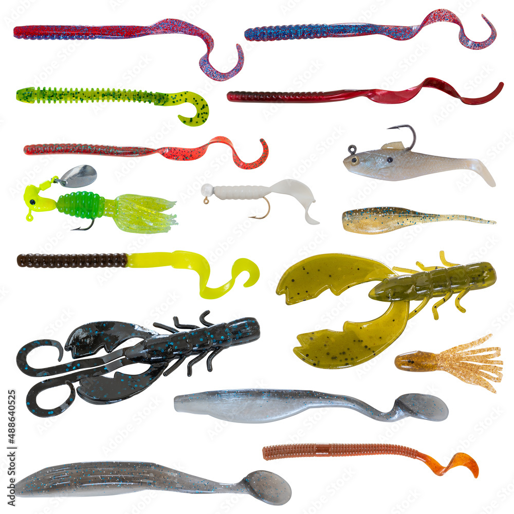 Set of Isolated Artificial Fishing Lures and Rubber Worms Stock