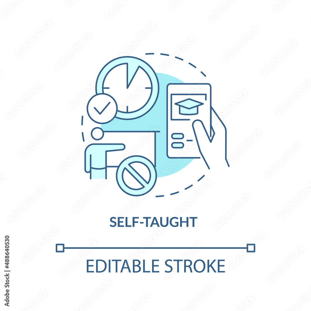 Self taught education turquoise concept icon. Lifelong learning characteristics abstract idea thin line illustration. Isolated outline drawing. Editable stroke. Arial, Myriad Pro-Bold fonts used