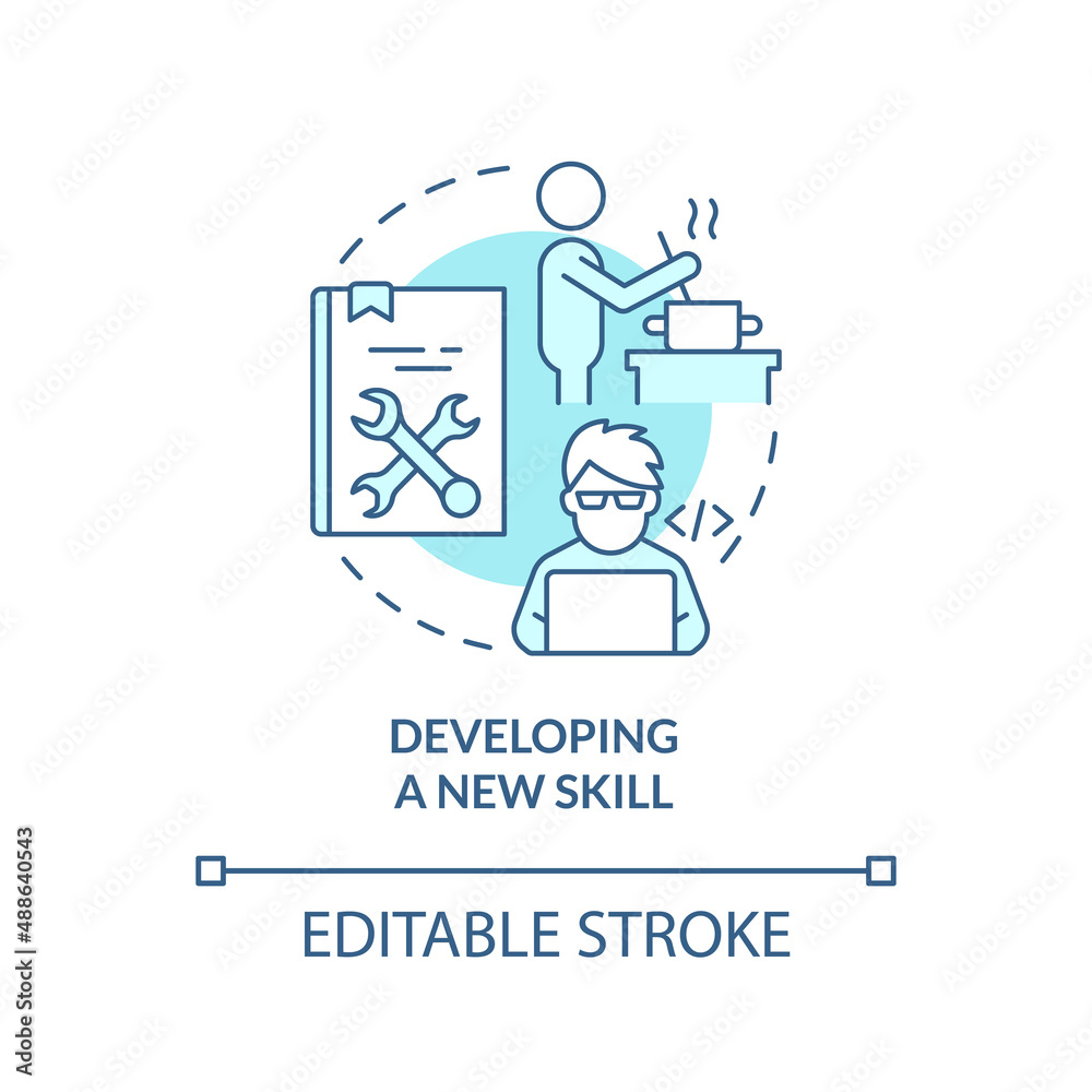 Developing new skill turquoise concept icon. Lifelong learning examples abstract idea thin line illustration. Isolated outline drawing. Editable stroke. Arial, Myriad Pro-Bold fonts used Developing new skill turquoise concept icon. Lifelong learning examples abstract idea thin line illustration. Isolated outline drawing. Editable stroke. Arial, Myriad Pro-Bold fonts used