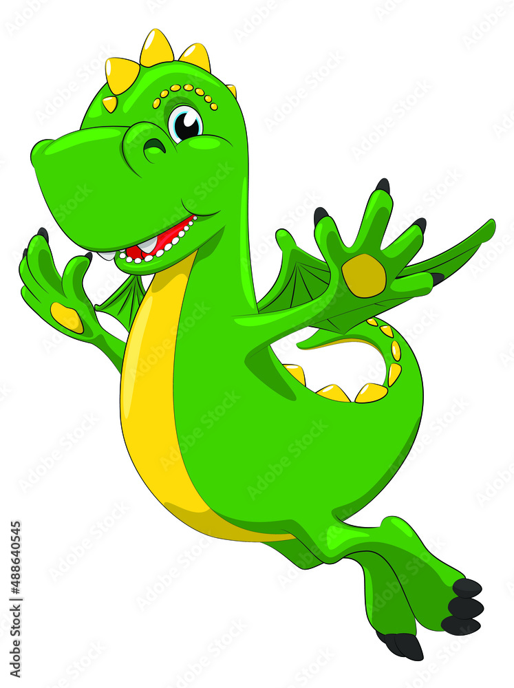 Fototapeta premium Cute dragon flying on white background. Cartoon illustration. Isolate.