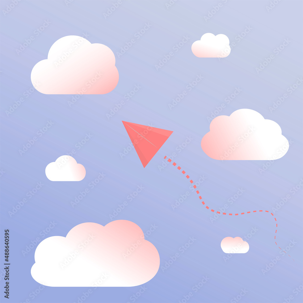 Pink paper plane dash line track with loop in the blue sky and white clouds flat design. Simple vector illustration of travelling, trip, flight, tourism.