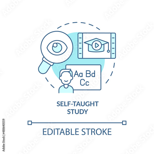 Self taught study turquoise concept icon. Lifelong learning examples abstract idea thin line illustration. Isolated outline drawing. Editable stroke. Arial, Myriad Pro-Bold fonts used