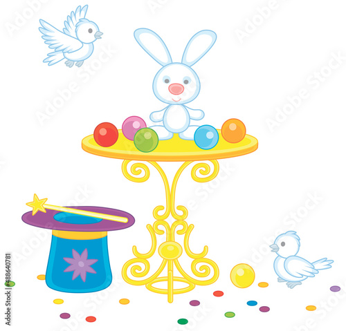 Magic wand, a hat of an illusionist, a small beautiful table, white birds and a cute little rabbit for conjuring tricks in a circus show, vector cartoon illustration isolated on a white background