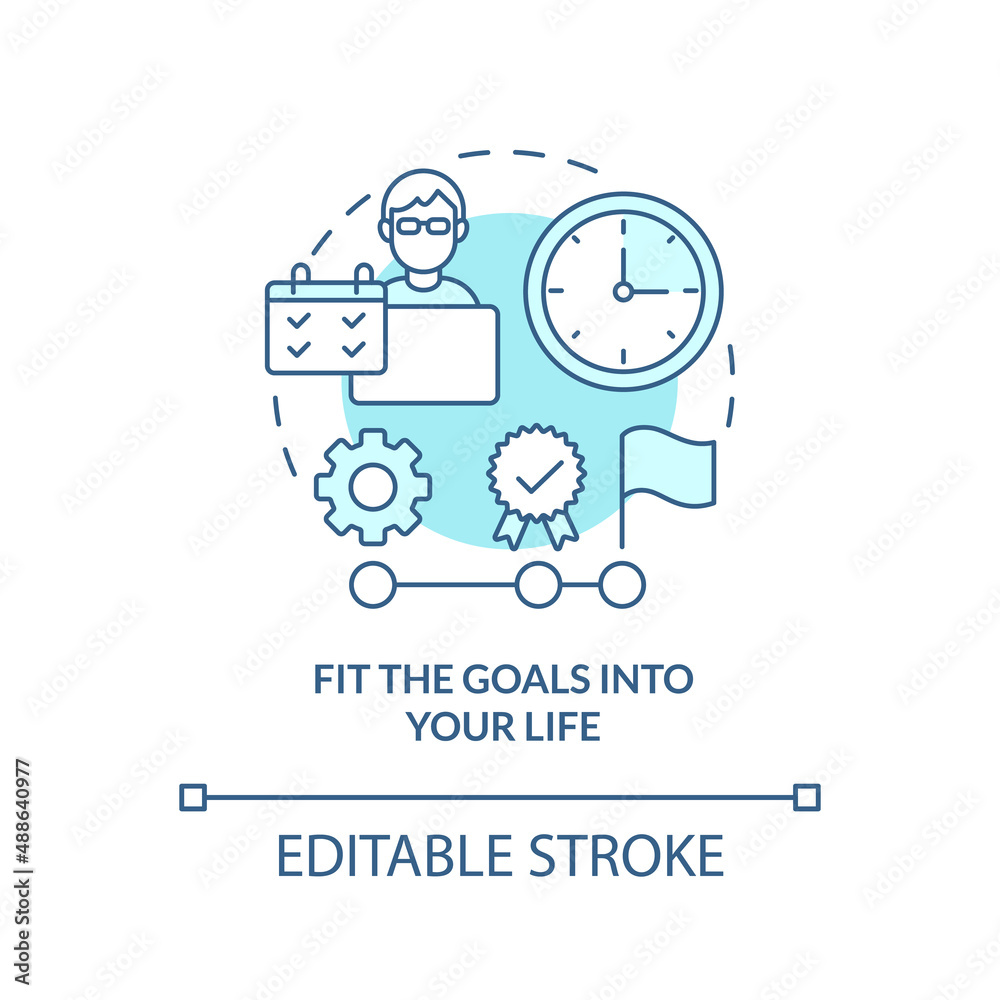 Fit goals into your life turquoise concept icon. Adopting lifelong learning abstract idea thin line illustration. Isolated outline drawing. Editable stroke. Arial, Myriad Pro-Bold fonts used Fit goals into your life turquoise concept icon. Adopting lifelong learning abstract idea thin line illustration. Isolated outline drawing. Editable stroke. Arial, Myriad Pro-Bold fonts used
