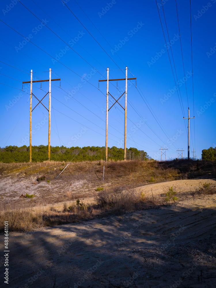 Electricity poles and power lines over the easement footpath or dirt road in the forest