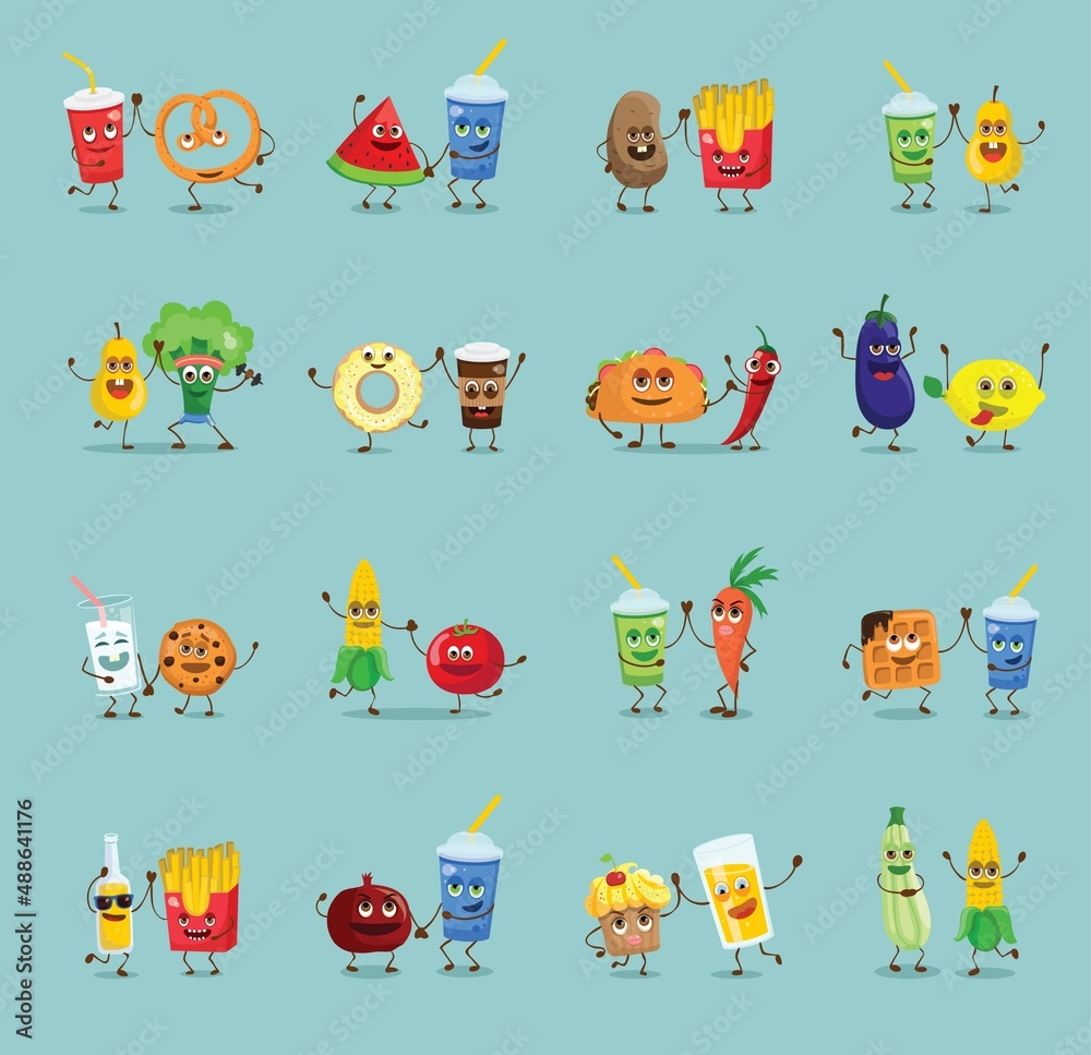 Cute funny food and drink characters set, best friends, funny fast food  menu vector Illustrations. Flat vector illustration use for web page, card,  poster, banner. Stock Vector | Adobe Stock