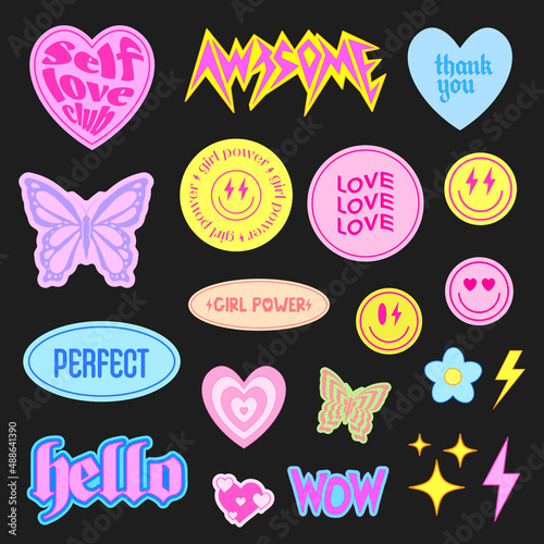 Set of Cool Groovy Stickers Vector Design. Collection of Cute Smile Patches.