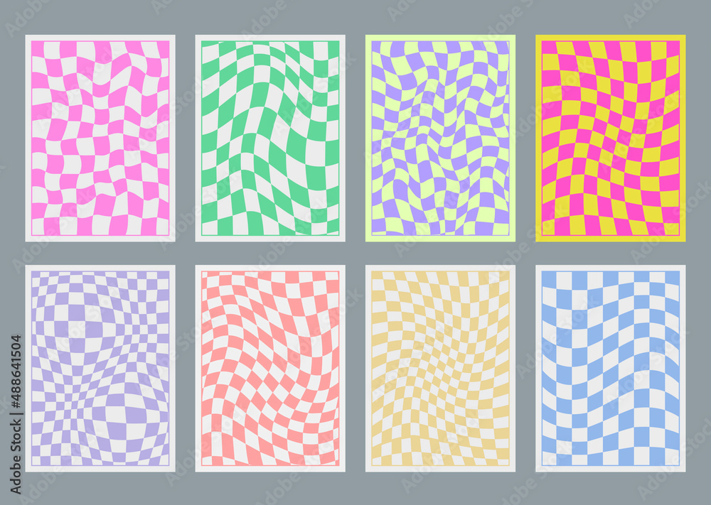 Set Of Checkered Y2k Backgrounds. Cool Simple Geometric Placards.