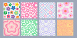 Cool Abstract Groovy Flower Patterns Y2k Style. Trendy Funky Backgrounds.