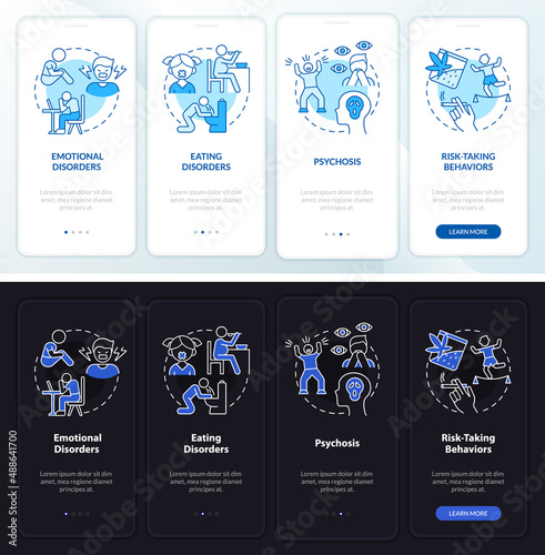 Teen mental disorders night and day mode onboarding mobile app screen. Walkthrough 4 steps graphic instructions pages with linear concepts. UI, UX, GUI template. Myriad Pro-Bold, Regular fonts used