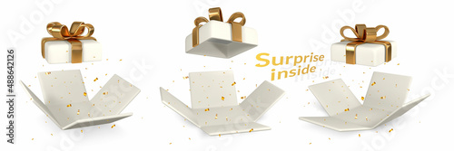 3D render and draw by mesh realistic white Gift Box with golden bow on white background. Surprise inside. Vector illustration