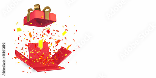3D Open Red Gift Box and Confetti. Christmas Background. Vector Illustration