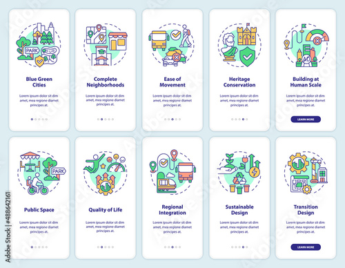 Urban planning onboarding mobile app screen set. City design walkthrough 5 steps graphic instructions pages with linear concepts. UI, UX, GUI template. Myriad Pro-Bold, Regular fonts used