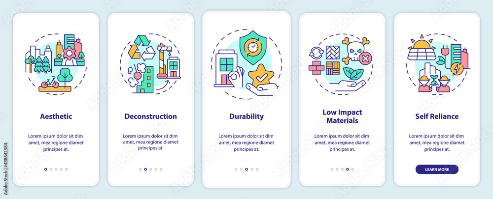 Sustainable city design onboarding mobile app screen. Urban planning walkthrough 5 steps graphic instructions pages with linear concepts. UI, UX, GUI template. Myriad Pro-Bold, Regular fonts used