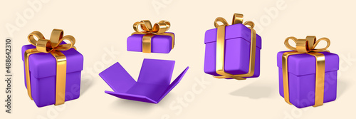 3D realistic purple gift boxes with golden bow. Paper boxes with ribbon and shadow isolated on light background. Vector illustration