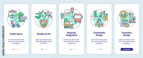 Principles of urban design onboarding mobile app screen. Life quality walkthrough 5 steps graphic instructions pages with linear concepts. UI, UX, GUI template. Myriad Pro-Bold, Regular fonts used