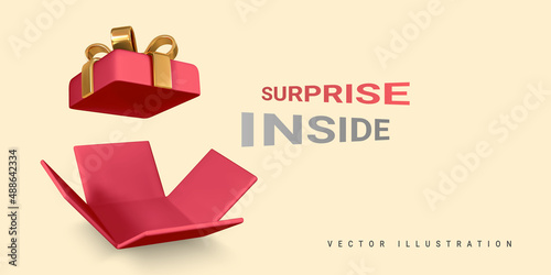 3D render and draw by mesh realistic red Gift Box on light yellow background. Surprise inside. Vector illustration