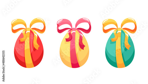 Easter egg set with ribbons and bows. Vector cartoon illustration