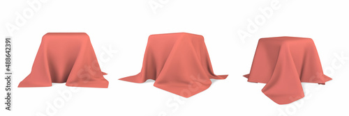 Square box covered with realistic red silk fabric isolated on light background. 3D realistic illustration. Vector illustration