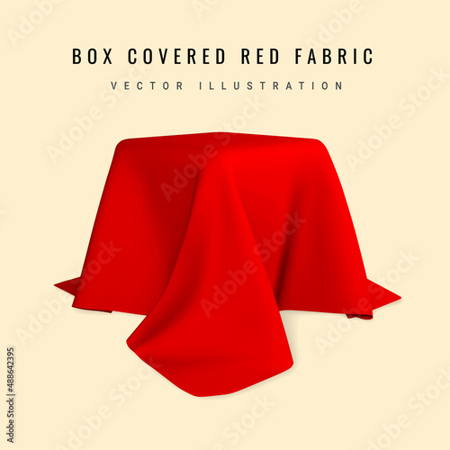 Square box covered with realistic red silk fabric isolated on light background. 3D realistic illustration. Vector illustration