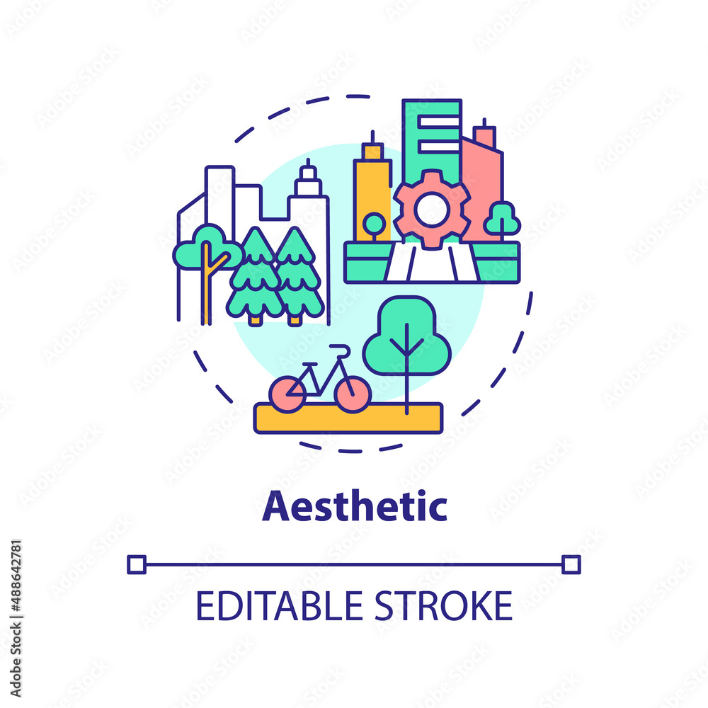 Aesthetic concept icon. Green recreational zones. Sustainable city design abstract idea thin line illustration. Isolated outline drawing. Editable stroke. Arial, Myriad Pro-Bold fonts used