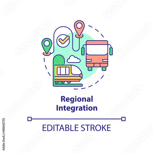 Regional integration concept icon. Transport connection. Urban design principles abstract idea thin line illustration. Isolated outline drawing. Editable stroke. Arial, Myriad Pro-Bold fonts used