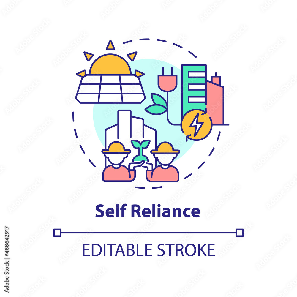 Self reliance concept icon. Eco friendly technology. Sustainable city design abstract idea thin line illustration. Isolated outline drawing. Editable stroke. Arial, Myriad Pro-Bold fonts used