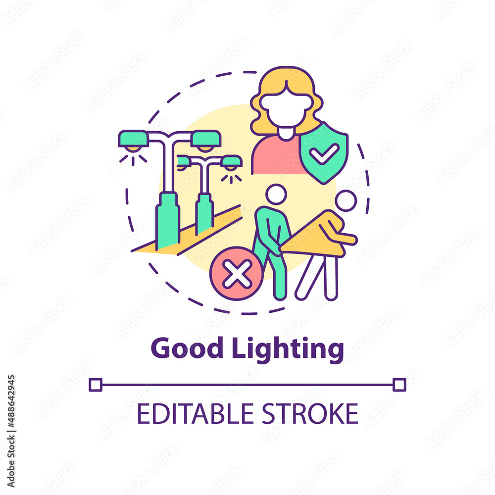 Good lighting concept icon. Crime prevention. Comfortable city design for women abstract idea thin line illustration. Isolated outline drawing. Editable stroke. Arial, Myriad Pro-Bold fonts used