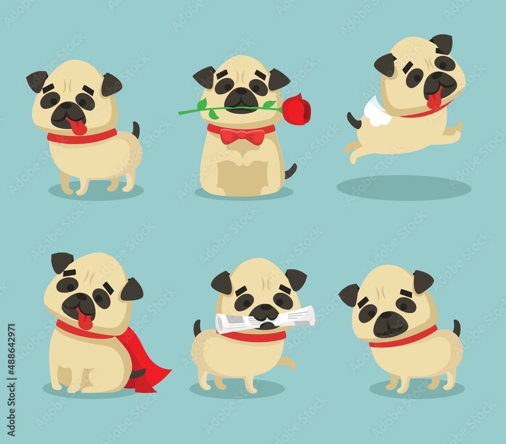Vector set of cute dogs pugs for cards, banners and posters