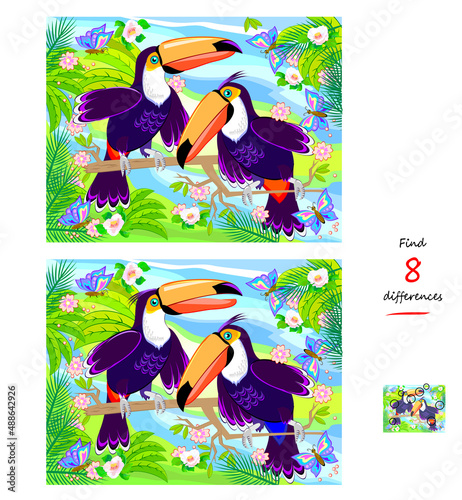 Find 8 differences. Illustration of toucans in the jungle. Logic puzzle game for children and adults. Page for kids brain teaser book. Developing counting skills. IQ test. Play online. Vector image.