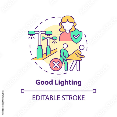 Good lighting concept icon. Crime prevention. Comfortable city design for women abstract idea thin line illustration. Isolated outline drawing. Editable stroke. Arial, Myriad Pro-Bold fonts used