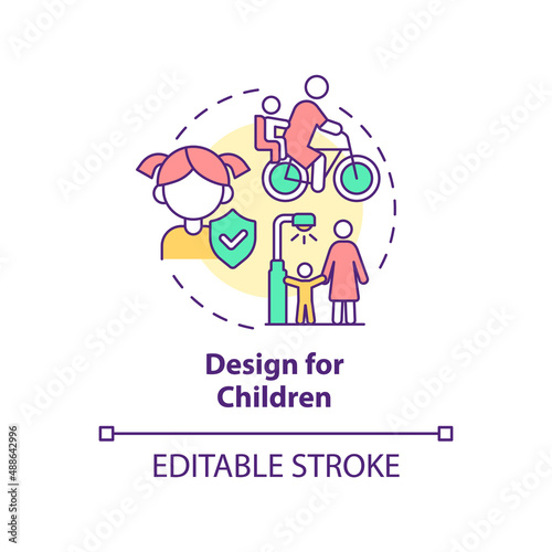 Design for children concept icon. Comfortable city infrastructure for junior citizens abstract idea thin line illustration. Isolated outline drawing. Editable stroke. Arial, Myriad Pro-Bold fonts used