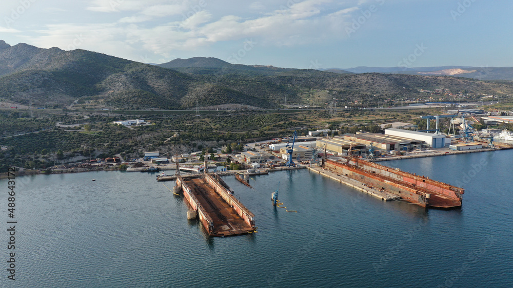Aerial drone photo of old shipyard of Elefsina, Attica, Greece