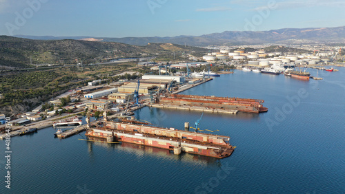Aerial drone photo of old shipyard of Elefsina, Attica, Greece