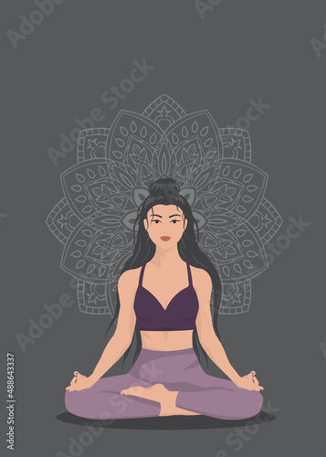 Young woman sits with cross-legged on the floor and meditates with open eyes. Girl makes morning yoga, relaxes at home or breathing exercises. Body positive and health care concept. Vector