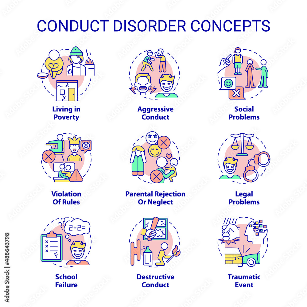 Conduct disorder concept icons set. Mental health issue. Diagnose and treatment idea thin line color illustrations. Isolated symbols. Editable stroke. Roboto-Medium, Myriad Pro-Bold fonts used
