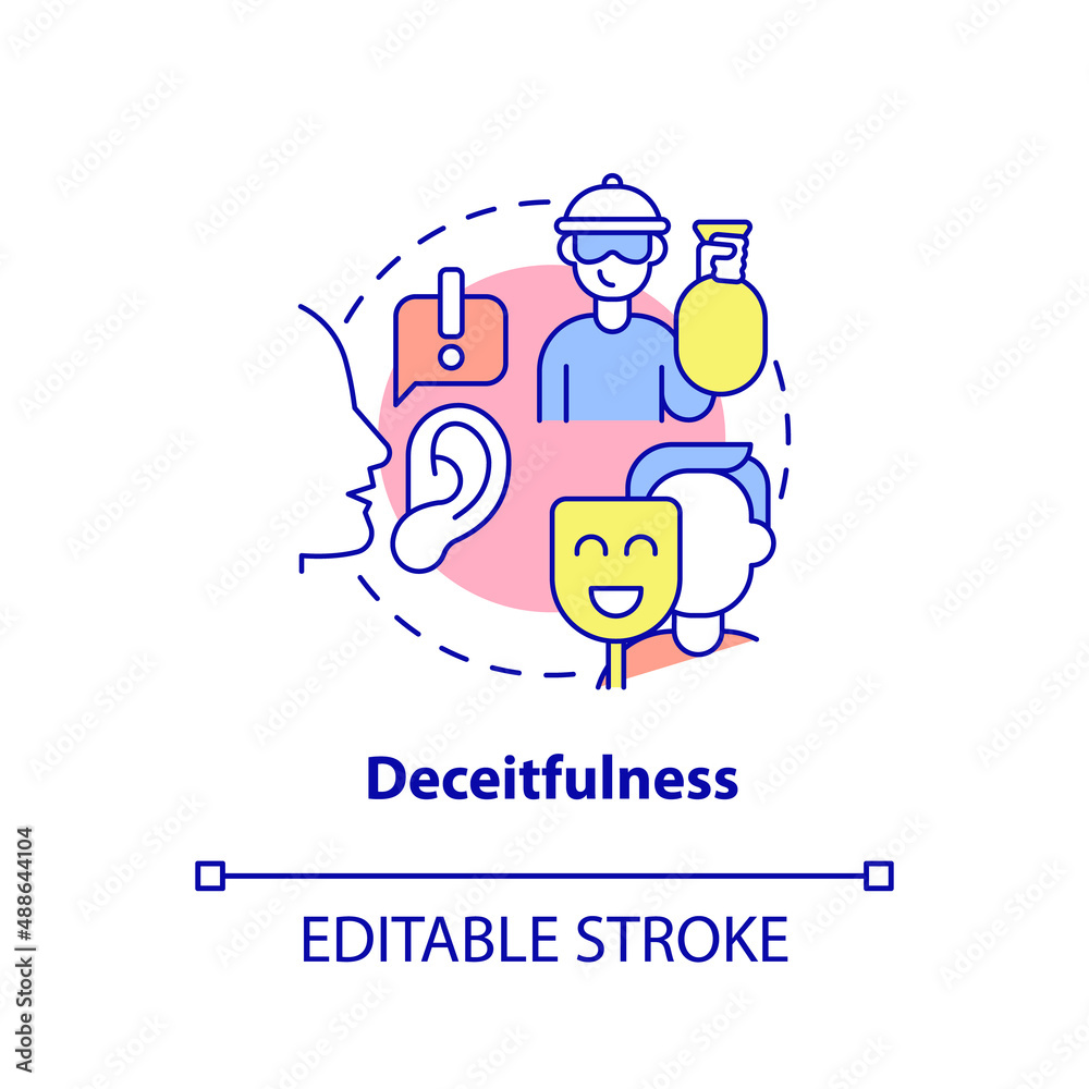 Deceitfulness concept icon. Groups of behaviors. Conduct disorder abstract idea thin line illustration. Isolated outline drawing. Editable stroke. Arial, Myriad Pro-Bold fonts used Deceitfulness concept icon. Groups of behaviors. Conduct disorder abstract idea thin line illustration. Isolated outline drawing. Editable stroke. Arial, Myriad Pro-Bold fonts used