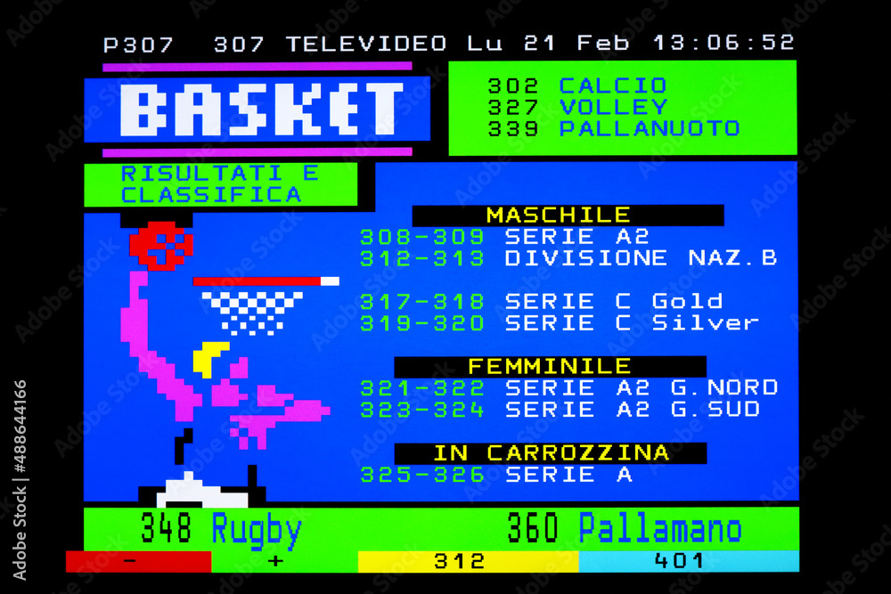 Italy – February 21, 2022: TELETEXT sport index of Basket. Televideo RAI,  italian State-owned broadcast. Original photo with simple graphic screen  view from a vintage tv color Stock Illustration | Adobe Stock