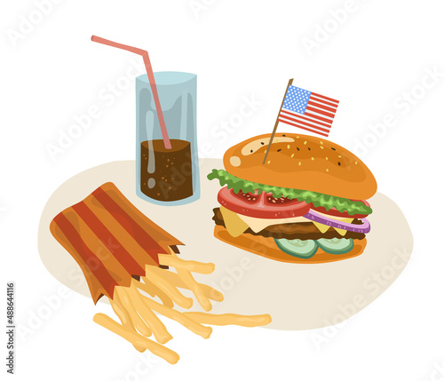 Bright appetizing American fast food. Burger, fries and cola. Vector illustration in cartoon style can be used for menus, recipes, applications